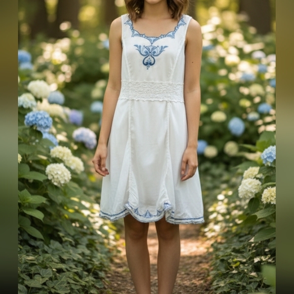 Burning Torch Dresses & Skirts - Burning Torch - Anthropologie White and Blue Embroidered Dress Sz L
